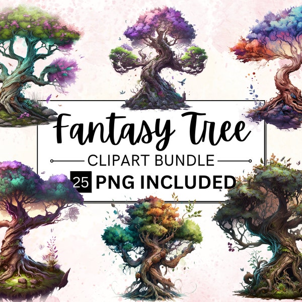 25 PNG Watercolor Tree Clipart, Fantasy Tree Clip Art, Watercolor Fantasy Graphics Bundle, magic fairy forest clipart, Gothic Clipart Bundle