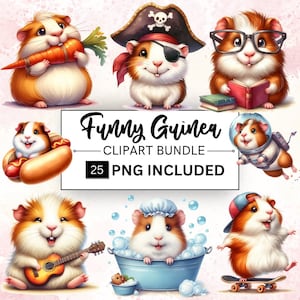 May include: A digital clipart bundle of 25 funny guinea pig illustrations. The guinea pigs are depicted in various poses and costumes, including a pirate, a astronaut, a chef, and a musician. The illustrations are in a cartoon style and are perfect for adding a touch of humor to your projects.