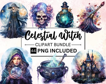 May include: A digital clipart bundle of 44 PNG images featuring a celestial witch theme. The images include a witch with a crystal ball, a cauldron with a green potion, a skull with a galaxy design, a bottle of potion, a witch's broom, and a spooky house.
