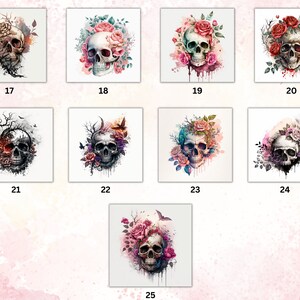 May include: A skull with a floral arrangement of pink, red, and white roses, leaves, and branches. The skull is painted in a watercolor style with dripping paint.