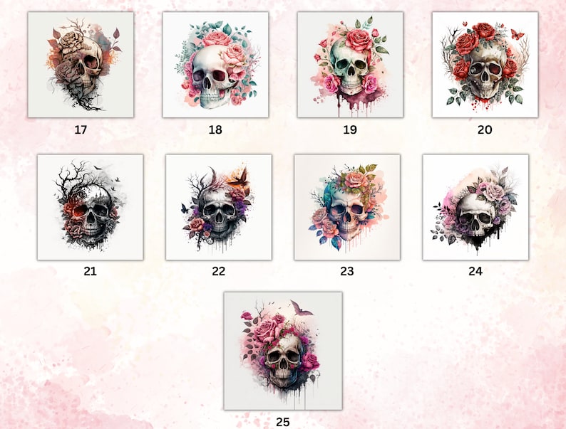 May include: A skull with a floral arrangement of pink, red, and white roses, leaves, and branches. The skull is painted in a watercolor style with dripping paint.