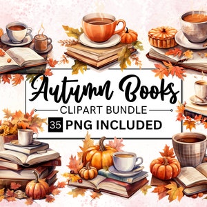35 Clipart de livro aconchegante de outono em aquarela, clipart de livro aberto, pacote de livros PNG, clipart de biblioteca de pilha de livros vintage, livros antigos, livros mágicos