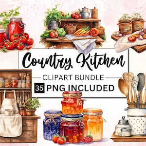 35 Clipart de cozinha country em aquarela, pacote de clipart de cozinha rústica em aquarela, download instantâneo de casa de campo vintage rústica, POD de uso comercial