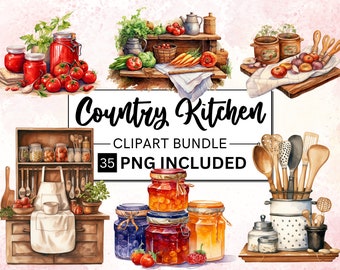35 Watercolor Country Kitchen Clipart, Watercolor Rustic Cooking Clipart bundle, Rustic vintage cottage Instant Download, Commercial Use POD