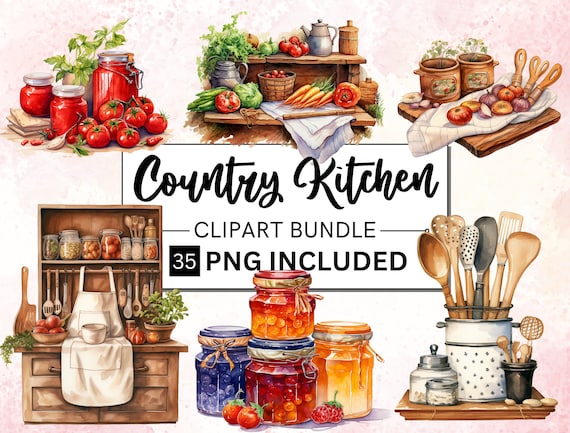 35 Watercolor Country Kitchen Clipart, Watercolor Rustic Cooking Clipart bundle, Rustic vintage cottage Instant Download, Commercial Use POD