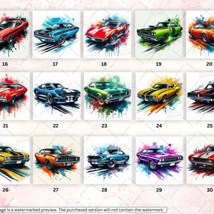 Puede incluir: Una colecci&oacute;n de 15 impresiones de arte digital que presentan coches cl&aacute;sicos de m&uacute;sculo en varios colores y estilos. Cada impresi&oacute;n tiene un fondo de acuarela con salpicaduras de color.