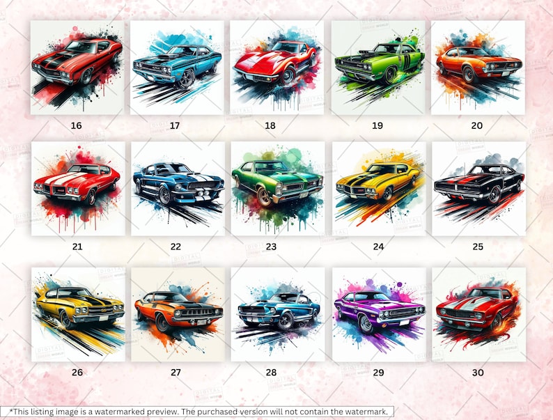 Puede incluir: Una colecci&oacute;n de 15 impresiones de arte digital que presentan coches cl&aacute;sicos de m&uacute;sculo en varios colores y estilos. Cada impresi&oacute;n tiene un fondo de acuarela con salpicaduras de color.