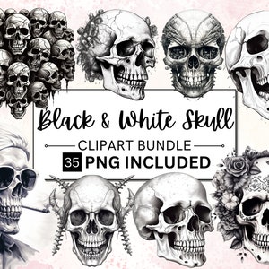 35 Aquarell Schwarz & Weiß Schädel Clipart, Gothic Clipart, Fantasy Clipart, Schwarz und Weiß Schädel Clipart PNG, Wicca Clipart, Schädel Png