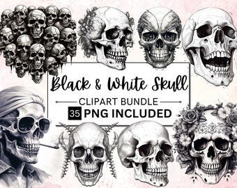 May include: A set of 35 black and white skull clip art images. The skulls are in various poses and styles, including a skull with flowers, a skull with sunglasses, and a skull with horns. The text "Black & White Skull" and "35 PNG Included" is also included in the image.