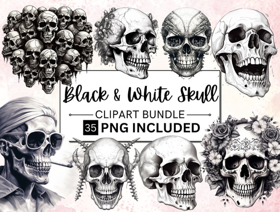 35 Watercolor Black & White Skull Clipart, Gothic Clipart, Fantasy Clipart, Black and White Skull Clipart PNG, Wiccan Clipart, Skull Png