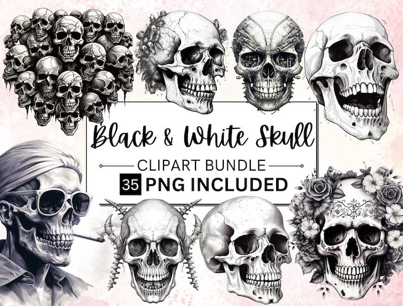 May include: A set of 35 black and white skull clip art images. The skulls are in various poses and styles, including a skull with flowers, a skull with sunglasses, and a skull with horns. The text "Black & White Skull" and "35 PNG Included" is also included in the image.