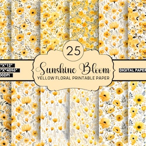 25 Watercolor Yellow Floral Printable Seamless Digital Paper, Watercolor Flower Background, Seamless Shabby Chic Commercial Digital Download