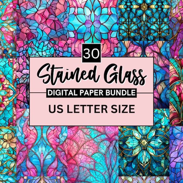 30 Printable Stained Glass Digital Paper, Seamless Stained Glass, Mermaid Stained Glass, Download Junk Journal, Scrapbooking, Sublimation