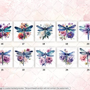 May include: Ten digital illustrations of blue dragonflies with watercolor floral backgrounds. The dragonflies are in various poses with their wings spread out. The flowers are in shades of pink, purple, and blue.