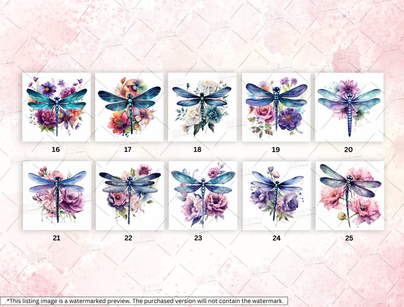May include: Ten digital illustrations of blue dragonflies with watercolor floral backgrounds. The dragonflies are in various poses with their wings spread out. The flowers are in shades of pink, purple, and blue.