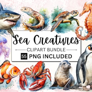 55 Pacote PNG de criaturas do mar em aquarela, ilustrações de animais coloridos, sublimações de clipart do oceano, download instantâneo para uso comercial