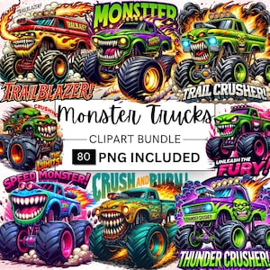 Bundle de 80 cliparts Monster Truck, véhicule tout-terrain extrême PNG, Clipart gros camion, graphismes Clipart course, téléchargement immédiat, usage Commercial