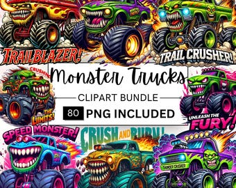 Monster Truck Clipart PNG Bundle, Off-Road 4x4 Trucks, Kids Birthday Party, Transparent Background, Stickers, Sublimation, Commercial Use