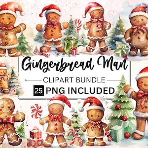 25 Watercolor Gingerbread Man Clipart, Gingerbread Clipart, Winter Clipart, Cute Christmas PNG, Christmas clipart, Christmas cookies PNG