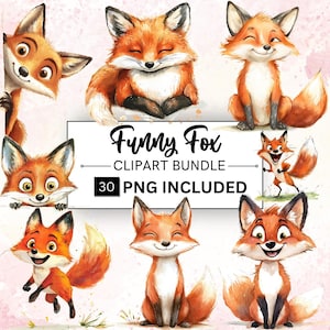 Bundle de 30 cliparts PNG drôle de renard, animal original de la forêt, joli bébé renard, décoration de chambre d'enfant, clipart de chambre d'enfant des bois, usage commercial de scrapbooking
