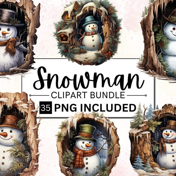 35 Watercolor Cute Snowman Christmas Clipart, Winter Clipart Bundle, Holiday Digital Planner, Collage PNG, Paper Craft, Instant Download