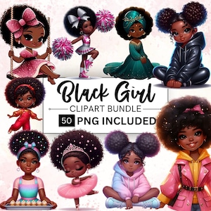 50 Black Girl Clipart Bundle, Black Chibi Afro Girl Clipart PNG, Denim Girl Graphics, Beautiful Girl Clipart, African American Girl,