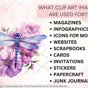 May include: A blue dragonfly with clear wings sits on a cluster of pink flowers. The text "WHAT CLIP ART IMAGES ARE USED FOR?" is in a pink box at the top of the image. A list of uses for clip art images is below the text: Magazines, Infographics, Icons for Mobile, Websites, Scrapbooks, Cards, Invitations, Stickers, Papercraft, Junk Journals.
