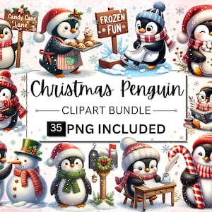 Paquete de 35 imágenes prediseñadas de pingüinos de invierno, pingüinos navideños PNG, imágenes prediseñadas de Navidad, paquete de imágenes prediseñadas de vacaciones de invierno PNG, descarga digital, uso comercial