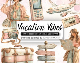 50 Watercolor Travel Clipart, Vacation PNG, Boho Travel Graphics, Tourism Clipart, Suitcase, Airplane, Luggage, Travel PNG, Commercial Use