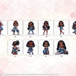 Puede incluir: Un conjunto de diez ilustraciones digitales que presentan a una mujer de dibujos animados con piel morena que lleva diferentes atuendos de mezclilla. La mujer se representa en varias poses, incluyendo de pie, sentada y sosteniendo accesorios como un bolso y una taza de caf&eacute;.