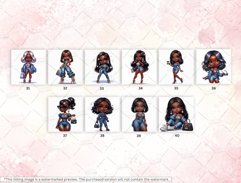 Puede incluir: Un conjunto de diez ilustraciones digitales que presentan a una mujer de dibujos animados con piel morena que lleva diferentes atuendos de mezclilla. La mujer se representa en varias poses, incluyendo de pie, sentada y sosteniendo accesorios como un bolso y una taza de caf&eacute;.