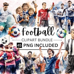 45 Aquarell Fußball Clipart Bundle, Fußball, Jersey, Fußballfans PNG, Fußball-Kit Clipart PNG, Sofort Download für kommerzielle Nutzung