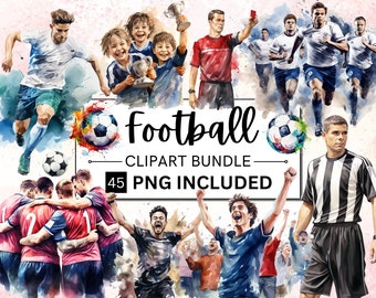 45 Aquarell Fußball Clipart Bundle, Fußball, Jersey, Fußballfans PNG, Fußball-Kit Clipart PNG, Sofort Download für kommerzielle Nutzung