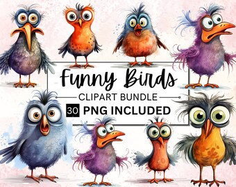 Watercolor Funny Bird Clipart, Quirky Illustrations (PNG Digital Download)