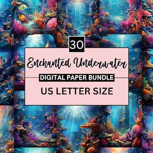 30 Printable Enchanted Underwater Digital Paper, Under Sea Background, Nature Underwater Ocean Landscape Backdrop, Junk Journal Scrapbooking