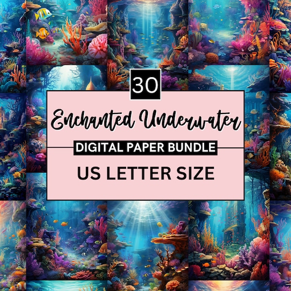 30 Printable Enchanted Underwater Digital Paper, Under Sea Background, Nature Underwater Ocean Landscape Backdrop, Junk Journal Scrapbooking