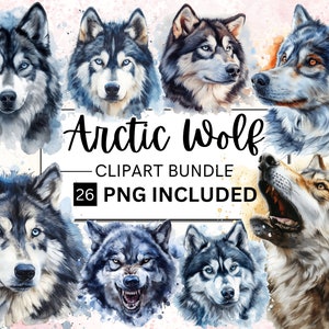 26 imágenes prediseñadas de lobo ártico en acuarela, lobo polar PNG, imágenes de cuentos de hadas, gráficos mágicos de fantasía, PNG, descarga digital instantánea, uso comercial