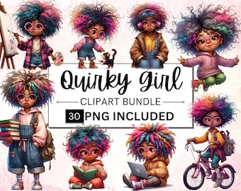Quirky Black Girl Clipart Bundle, Whimsical PNG Graphics (Commercial Use, Instant Download)