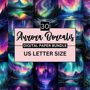 30 papel digital Aurora Boreal encantada para impressão, fundo de céu de fantasia, cenário da aurora boreal, download de Junk Journal, álbum de recortes