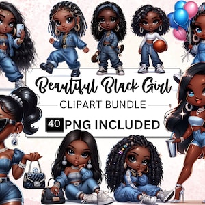 40 Black Girl Clipart-bundel, Black Chibi Girl PNG, Afro Girl PNG, Beautiful Black Denim Girl Clipart, African American Girl, Commercieel gebruik