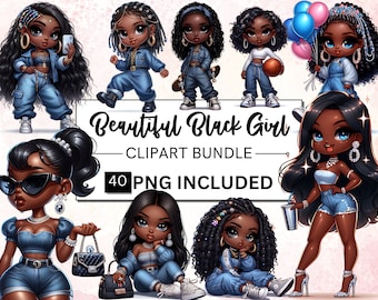 Black Girl Clipart Bundle, Watercolor Afro Chibi PNG (40 Images)