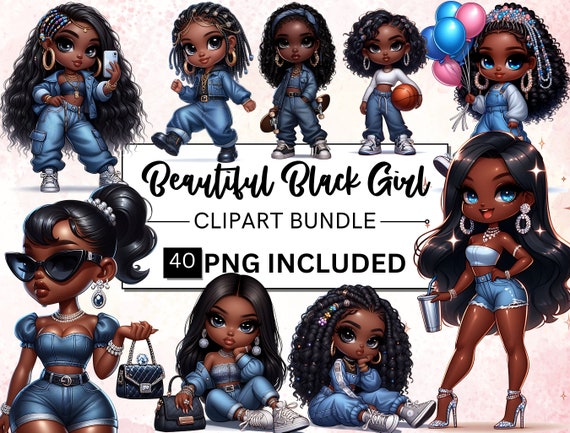 40 Black Girl Clipart Bundle, Black Chibi Girl PNG, Afro Girl PNG, Beautiful Black Denim Girl Clipart, African American Girl, Commercial Use