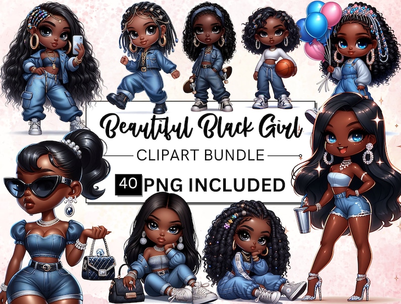 Puede incluir: Un paquete de clipart digital de 40 im&aacute;genes PNG con ilustraciones de chicas negras en varias poses y atuendos. Las chicas llevan ropa de mezclilla y accesorios, incluidos gafas de sol, aretes y diademas. El texto "Beautiful Black Girl Clipart Bundle 40 PNG Included" se muestra sobre un fondo blanco.