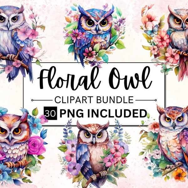 30 hibou coloré Clipart aquarelle Illustration printemps Floral Image numérique téléchargement imprimable Scrapbooking Junk Journal papier artisanat