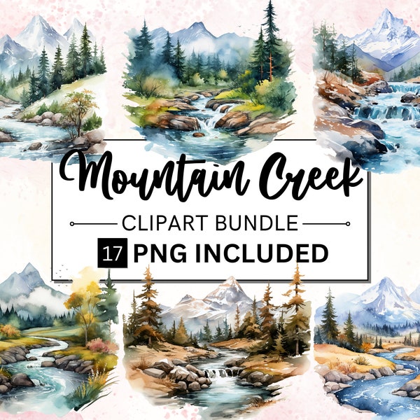 17 Watercolor Mountain Creek Landscape Clipart, Travel Vacation Clipart, Mountain range, for Commercial use instant download, SVG PNG