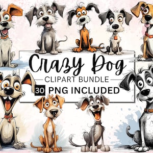 30 Funny Dog Breeds Clipart, Crazy Dog PNG Bundle, Cute Caricature Pet, Quirky Puppies Watercolor, Angry Dog, Cartoon Animal, PNG Sticker