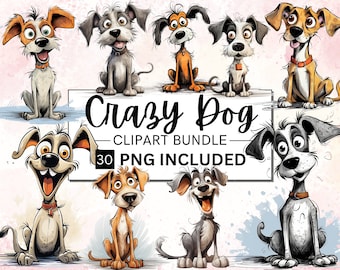 Watercolor Crazy Dog Clipart, Funny Puppies PNG Bundle (30 Images)