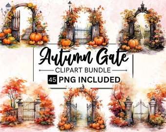 45 Autumn Gates Clipart Bundle, Watercolor Fall Season Clipart, Autumn Fences Watercolor Clipart, Cottagecore Garden Gate, Fall Floral Gates