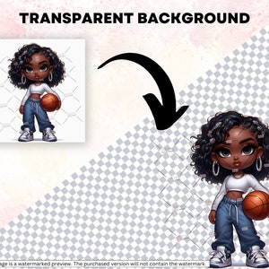 Puede incluir: Una ilustraci&oacute;n digital de una ni&ntilde;a de dibujos animados con piel morena, cabello negro rizado y aretes de aro. Lleva un top blanco corto, jeans azules y zapatillas blancas. Est&aacute; sosteniendo una pelota de baloncesto.