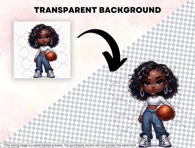 Puede incluir: Una ilustraci&oacute;n digital de una ni&ntilde;a de dibujos animados con piel morena, cabello negro rizado y aretes de aro. Lleva un top blanco corto, jeans azules y zapatillas blancas. Est&aacute; sosteniendo una pelota de baloncesto.